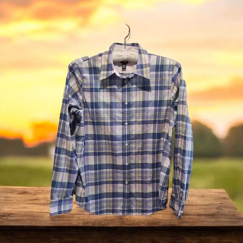 Chaps No Iron Womens Plaid Long Sleeve Button Shirt‎ Size Med Blue White Pink